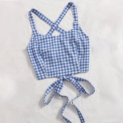 Short Fresh Girl Clothing Hollow Out Woman Crop Top Plaid Print Sweet Blue Strap Blackless Vest Tank Top Tees Clothes