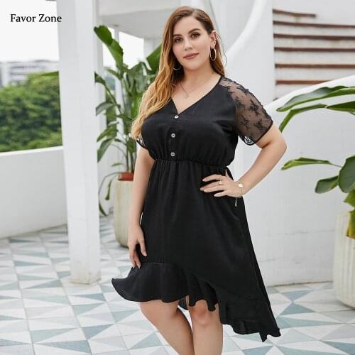 Women Elegant Plus Size Midi Party Dresses Summer 2021 Sexy V-neck Lace Short Sleeve Casual Ladies Dress Black Green Robe Femme