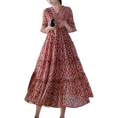 Printed chiffon gentle wind waist thin temperament dress elegant dress female 2021 summer fashion womens clothing