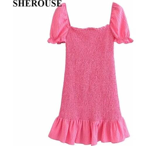 2021 Summer Dress Women Texture Short Puff Sleeve Dresses Chic Lady Casual Fashion Women Sundress