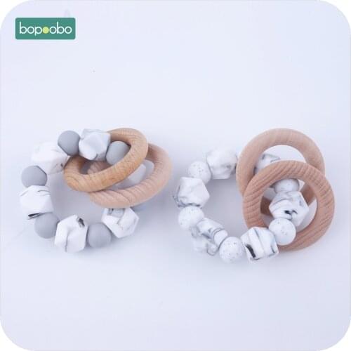 Bopoobo 1PC Silicone Beads With Wooden Ring Rattle DIY Crafts Food Grade Teether Baby Nursing Accessories Classic Sensory Toy