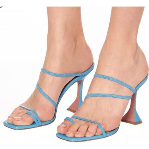 2021 New Sexy Blue Leather Slippers Summer High Heels Sandals Women Open Toed Block Heel slipper Shoe Mules Pumps Size 35-42