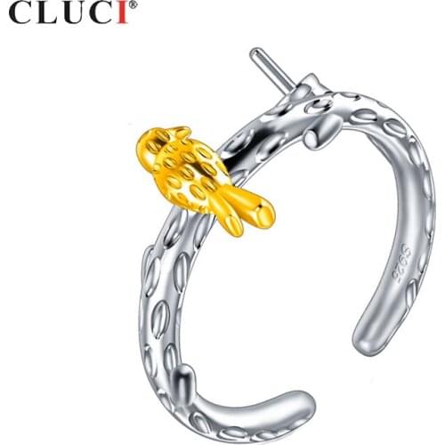 CLUCI Silver 925 Bird Adjustable Open Rings Jewelry for Women Real 925 Sterling Silver Pearl Ring Mounting Bird Rings SR2198SB