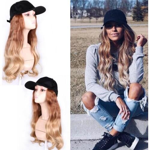 Long Synthetic Baseball Cap Hair Wig Natural Black / Brown wavy Wigs Naturally Connect Synthetic Hat Wig Adjustable For Girl