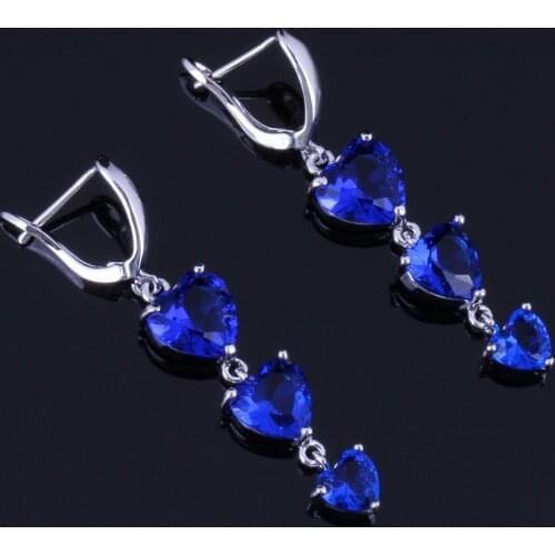 Exclusive Heart Shaped Blue Cubic Zirconia Silver Plated Drop Dangle Earrings V0802