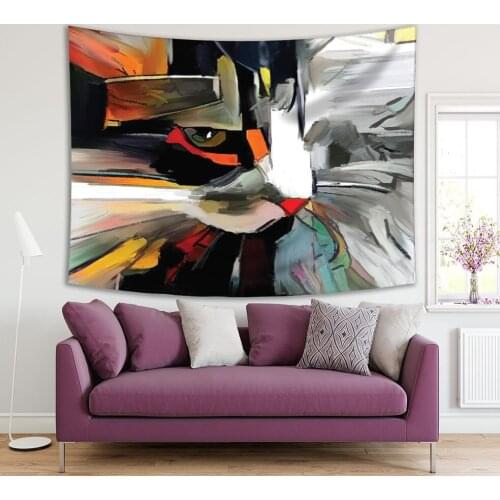 Tapestry Face of A Cat in Contemporary Style Abstract Art Creative Artistic Oil Painting Black White Orange