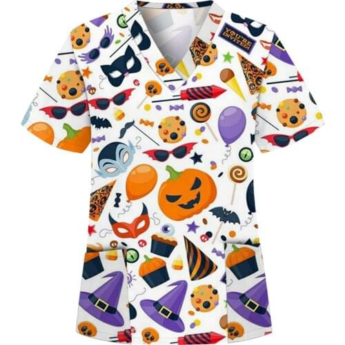 Halloween Cartoon Nurse Uniform Blouse Women Pumpkin Printed Short Sleeve Working Nursing Tops Hospital Clinic Clothes A40