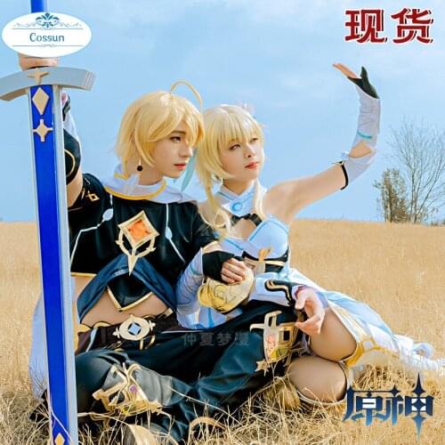 Genshin Impact Cosplay Costume Traveler Lumine Aether Cosplay Costume Women White Costume Halloween Dress Stocking Belt Suit