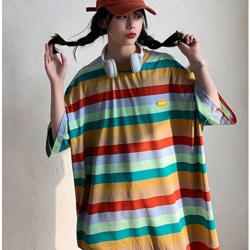 Summer Plus Size Top Fashion Casual Rainbow Striped T Shirt Loose Comfy Short Sleeve O-Neck Tee Lovers Couple Tops
