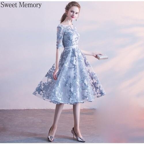 Sweet Memory Wine Red Champagne Navy Blue Sliver Gray Pink Short Prom Dresses Appliques Lace Up Half Sleeve Wedding Party Dress