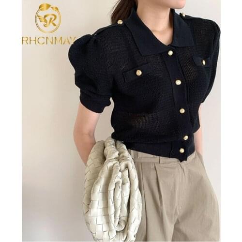 Fashion Elegant Womens Knitwear 2021 Summer Single Breasted Thin Puff Sleeve Knitting Sweater Cardigan Jacket Outwear