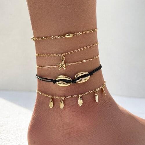 Aprilwell 5 Pcs Punk Anklets Bracelets Set For Women Sandals Summer 2021 Fashion Shell Y2k Jewelry Tassel Schmuck Gift Egirl