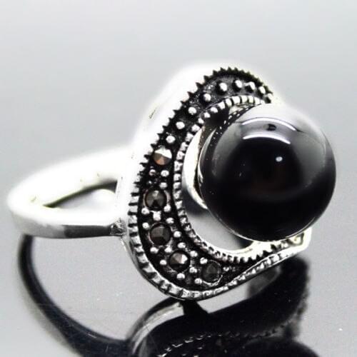 Wholesale Natural 6mm Black Natural jade Beads 925 Sterling Silver Marcasite Ring Size 7/8/9/10