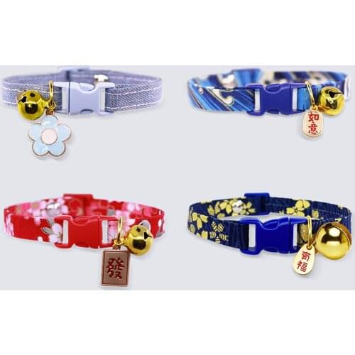 Japanese Printed Cat Collar Bell Denim Fabric Necklace Jewelry Adjustable Collar for Cat Small Dog Pet Christmas Cat Accessories