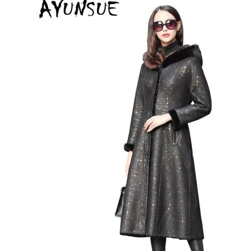 AYUNSUE Double Faced Real Fur Coat Winter Coat Women Luxury Natural Wool Coat Female Mink Fur Collar Real Leather Jacket 4xl MY