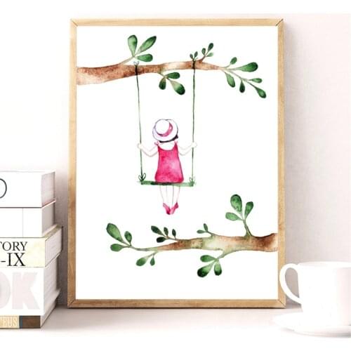 Pastoral Style Spring Girl Art Print Pictures , Watercolor Cute Girl On Swing Canvas Art Painting Baby Girls Room Decoration
