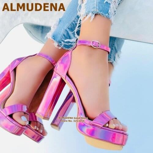 ALMUDENA Pink Hologram Iridescent Sandals Reflective Patent Leather Wedding Shoes Nightclub Gladiator Pumps Women Footwear