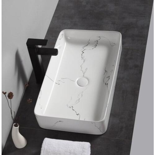 Nordic Simple Marble Pattern Art Above Counter Wash Basin Home Toilet Ceramic Bathroom Vessel Sink Square Washbasin Faucet