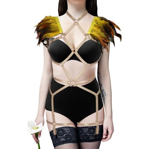 Sexy Full Body Harness Lingerie Set Women Gothic Feather Vest Belt Bondage Straps Suspenders Corset Festival Rave Clothing Wear