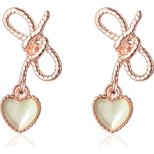 TJP Trendy Lady Crystal Heart Earrings Jewelry Female Charm Rose Gold Bowknot Stud Earrings For Women Wedding Accessories Bijou