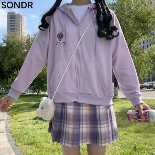 Japanese Kawaii Girl Hoodies Top Purple Loose Student Zip Up Cardigan Jacket Female Autumn Winter Basic College Style Sweatshirt