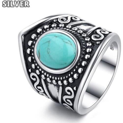 Utimtree High Quality Vintage turquoise Rings for Women And Men Green Black Stone Wide Punk Finger Ring Bands Boho Anel Bijoux