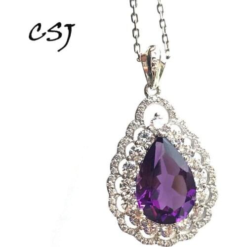 CSJ Fine Jewelry Amethyst quartz gemstone noble good pear9*13mm Pendant or necklace Sterling 925 Silver For Women Lady Gift box