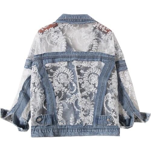 Denim Jacket Women 2020 Spring Summer Embroidery Cutout Lace Splice Hole Denim Sunscreen Clothing Loose Jeans Jacket Women H209