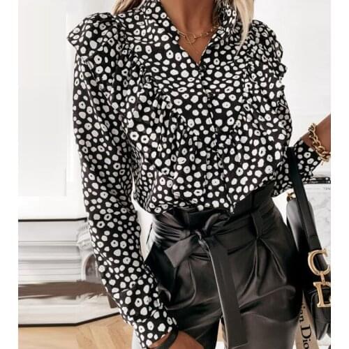 2021 Spring Autumn Long Sleeve Blouse Women Ruffled V-neck Office Lady Leopard Chiffon Shirt Women Elegant Female Clothing 12253