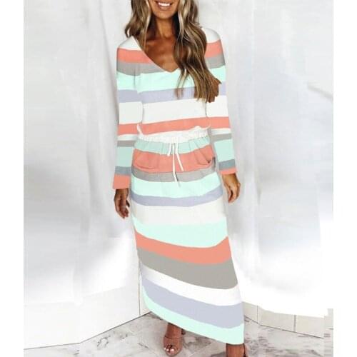 Women Fashion V Neck Loose Stripe Pocket Long Sleece Autumn Winter Lace Up Casual Long Dresses Female Clothing
