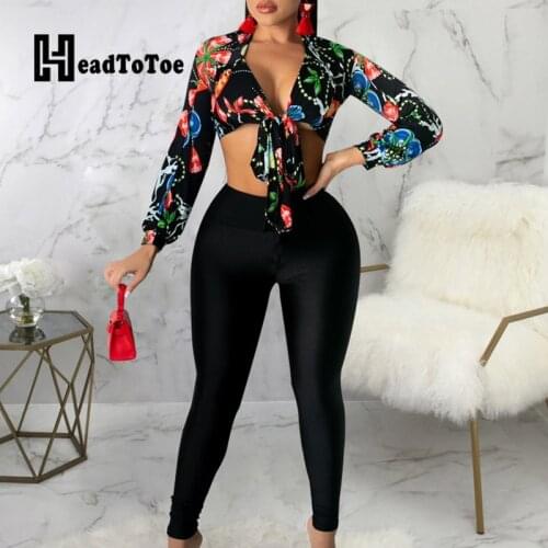 Floral Print Long Sleeve Lace Up V Neck Crop Tops & Skinny Pants Set Women Two Piece Set