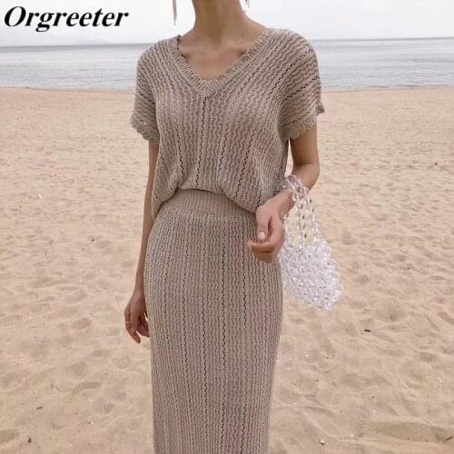 2019 Summer Thin Twist Skirt Knitted 2 piece set Women Double V-neck Short Sleeve Tops + Stretch Bodycon Long Skirts Sweater Set