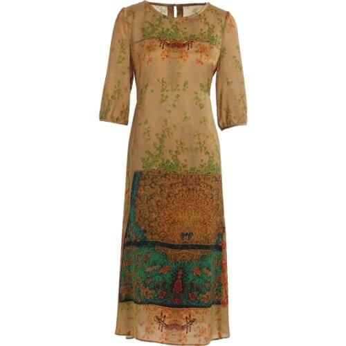 Gowani Woman Dress Summer Folk Fashion Real Silk Printed Empire Waist Loose Fit Shift Dress Artistic Style Plus Size