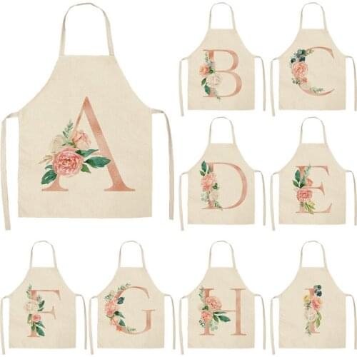 1Pcs Pink Letter Flower Cotton Linen Aprons Home Cooking Baking Coffee Shop Cleaning Apron Kitchen Accessories WQTF15