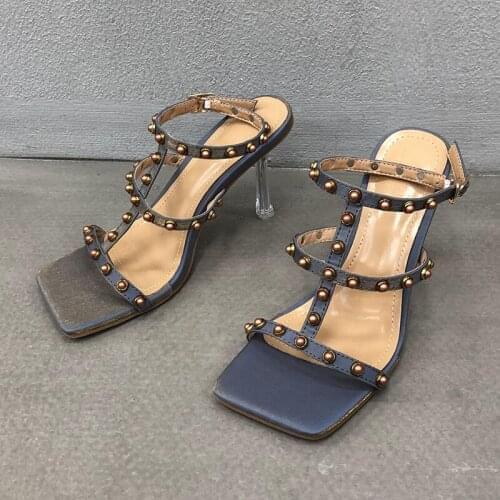 2021 Fashion Rivets Sandals Women Fetish Stripper Pointed Toe High Heels Pumps Sexy Luxury Mule Brand Studded Shoes Spring Mujer