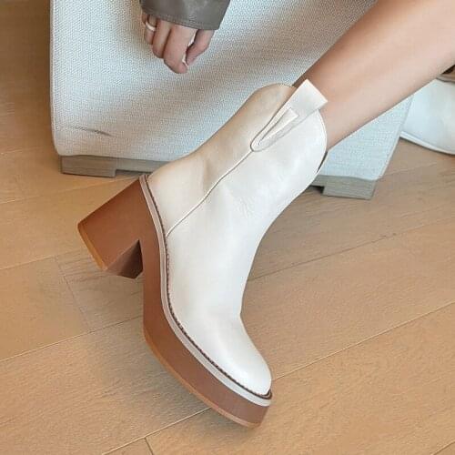 Chelsea Boots Autumn Winter 2021 New Cow Leather White Martin Boots Thick Heel High Heels Cowboy Short Ankle Booties Shoes Botas