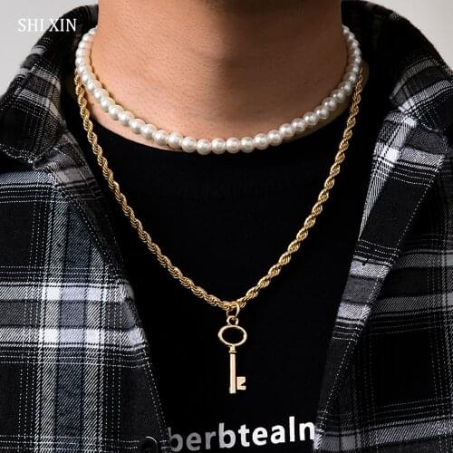 SHIXIN Punk Layered Chain With Key Pendant Necklace Men Fashion Short Pearl Choker Necklace for Women Jewelry for Neck 2021 Gift