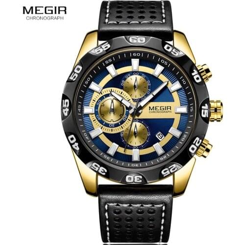 Megir Leather Strap Sports Quartz Watches Men Chronograph Military Top Brand Luxury Wrist Watch for Man Relogios 2096G Gold Blue
