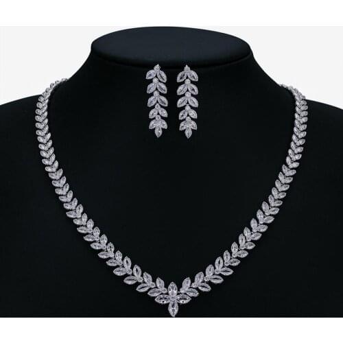 Classic Full 5A Cubic Zirconia Leaves Bridal Wedding Necklace Earring Set Women Prom Party Jewelry Sets CN10272