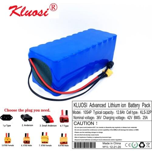 KLUOSI 10S4P 36V 12.8Ah 12Ah 36V Battery 42V Lithium Battery Pack for 750W Ebike Electric Car Bicycle Motor Scoote with 25A BMS