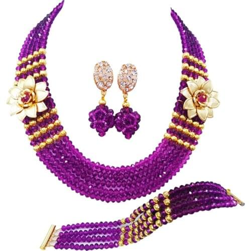Fashion Purple Crystal Beaded Multi Strands Necklaces Sets Nigerian Wedding African Beads Jewelry Set 5-XSH15