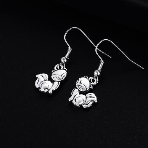 Trendy Vintage Fox Shape Dangle Antique Silver Plated Earrings for Women Girl Retro Drop Earrings Cute Earring Jewelry Bijoux