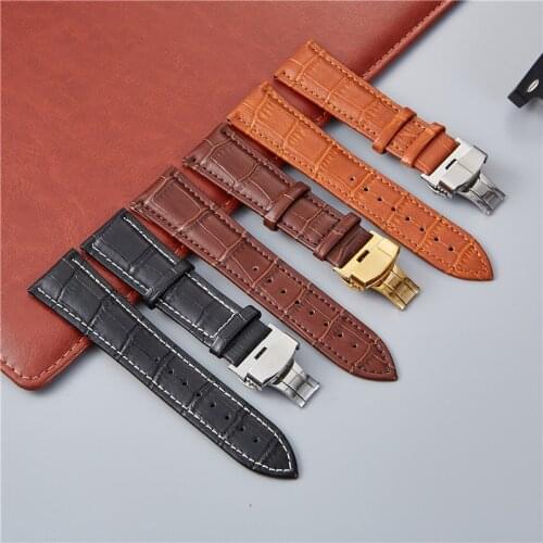 Genuine Leather Watchbands with Stainless Steel Butterfly Buckle Watch Accessories Classic Embossed Strap 18mm 20mm 22mm 24mm