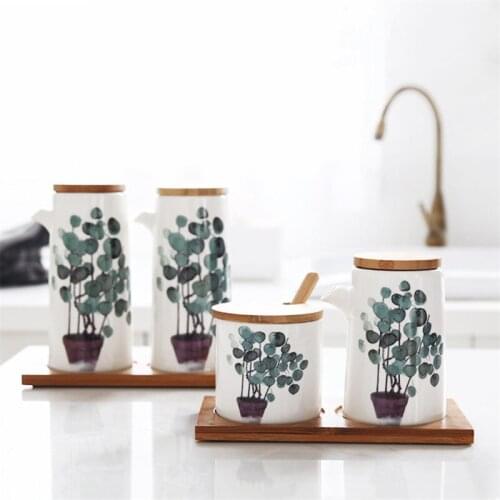 Nordic Green Plant Printed Ceramic Seasoning Bottle Chopstick Storage Box Oil Pot Salt Shaker Set Spice Jar Kitchen Cooking Tool