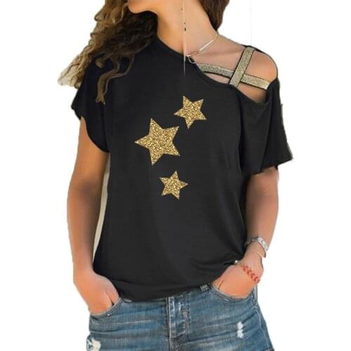 New Summer 90s Star Fashion stars Print Funny Teeshirt Women Short sleeve Loose Irregular Skew Cross Bandage Tops Tee