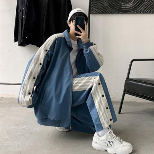 Plus Size S-5XL Mens Casual Loose Jacket Trousers Two Pieces Set Hip-hop Blue Black Apricot M41