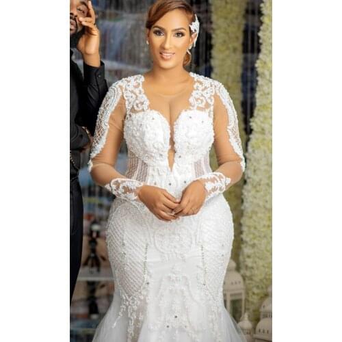Plus Size Mermaid 2021 Wedding Dresses Bridal Gowns Sheer Jewel Neck Lace Appliqued Long Sleeve Beaded Crystal Wedding Dress