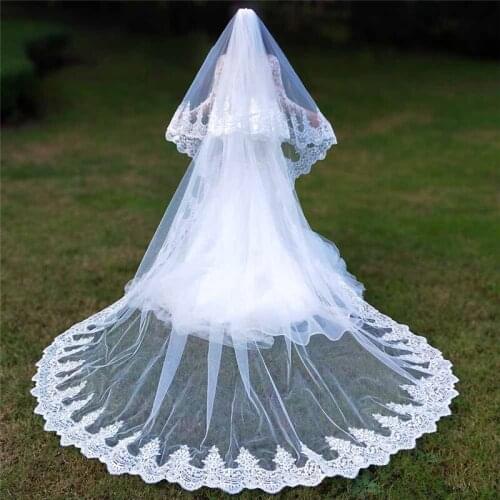 Real Photos 2 Layers Lace 3.5 Meters Cathedral Woodland Wedding Veils With Comb 3m Wide White Ivory 2 T Bridal Veils