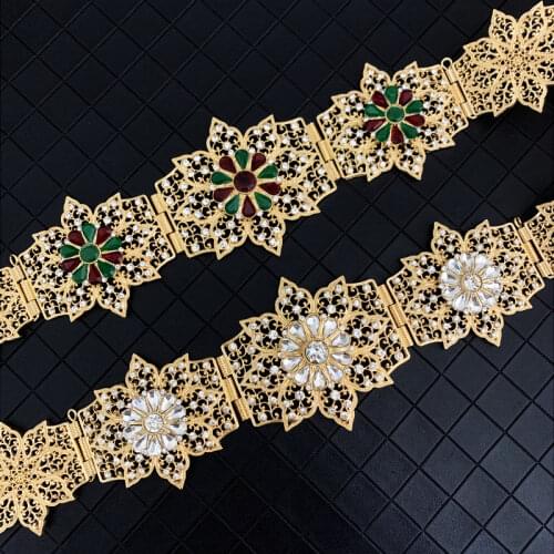 New Morocco Chic Caftan Dress Belts Flower Belt Buckle with Full Rhinestones Long Chain Belts for Gown Arabic Bridal Jewelry
