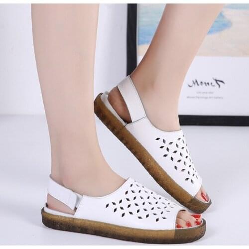 ZZPOHE genuine leather soft bottom fashion flat pregnant womens sandals fish mouth hollow wild breathable mom summer sandals